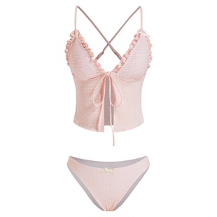 CIDER V领格纹蝴蝶结荷叶边比基尼泳衣套装女装114372154