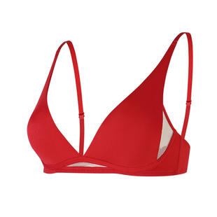 红色内衣女薄款小胸无钢圈性感深V法式三角杯本命年结婚文胸套装