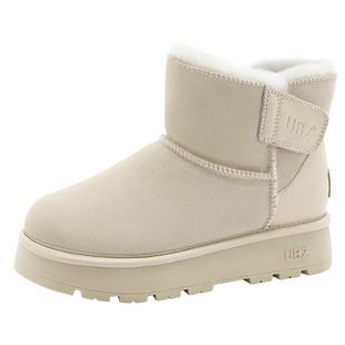 UBZ 厚底防水增高雪地靴女2025新款冬防滑魔术贴加绒加厚白色棉鞋
