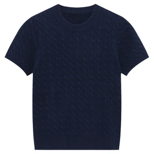 Basic House/百家好圆领绞花短袖羊毛衫女春季新款叠穿针织衫上衣