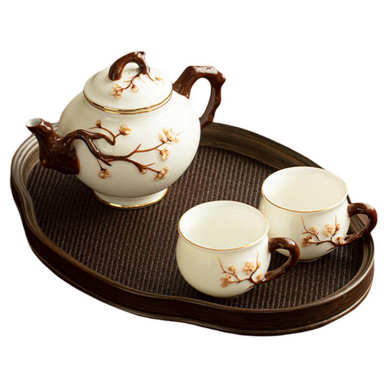 浮雕梅花茶壶一壶两杯功夫茶具