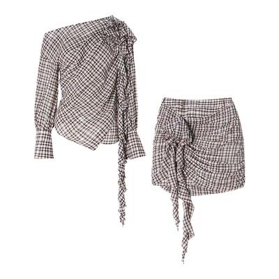 CELLO SONATA 2025秋季新款斜肩格子荷叶边套装女气质时尚套装
