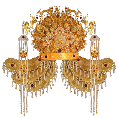 明制婚礼新娘凤冠中式结婚饰品金色大冠古代皇后大婚凤冠霞帔二创