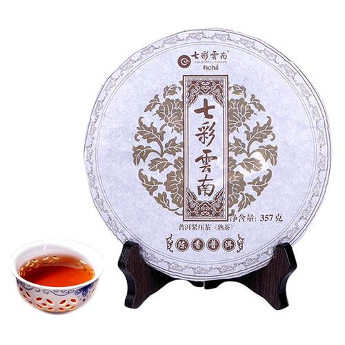【买4送1】七彩云南普洱茶熟茶庆丰祥4年陈香普洱七子饼357g口粮