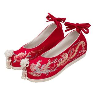 复古风汉服鞋女成人大码唐制内增高绣花鞋搭配明制古装翘头弓布鞋