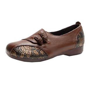 复古民族风女鞋圆头深口鞋圆头一脚蹬单鞋软底软皮平底鞋低跟女秋