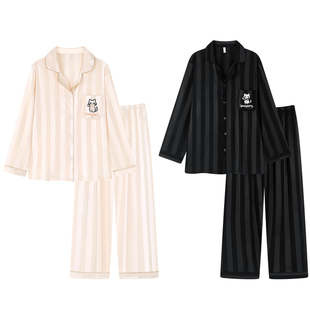 卡通条纹冰丝睡衣情侣装一男一女春秋款长袖长裤高级感家居服套装