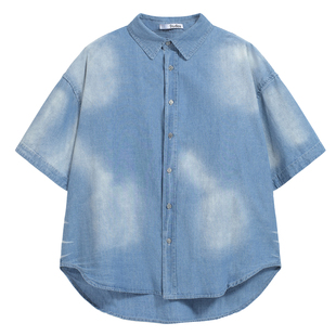 AC风格高街喷马骝洗水做旧衬衣字母印花男女宽松休闲牛仔短袖衬衫