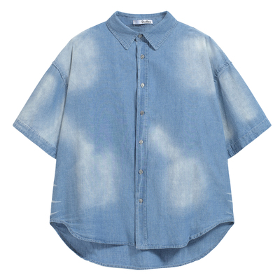 AC风格高街洗水做旧牛仔短袖衬衫