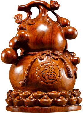 刺史花梨木雕刻福禄大葫芦摆件