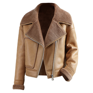 羊剪绒大衣女2025冬新短款西装领绣花边海宁羔羊毛毛颗粒皮草外套