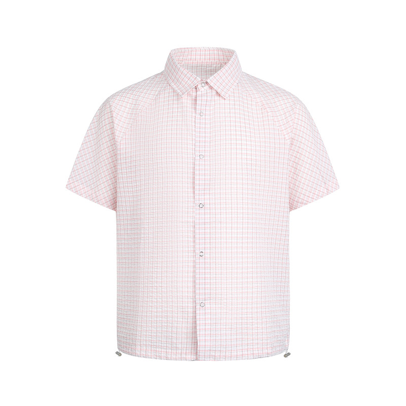 Dream made 美式泡泡纱粉色格子短袖衬衫男款夏季肌理感情侣衬衣