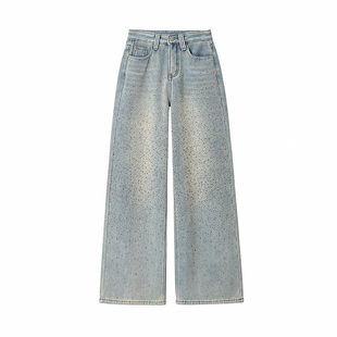 特大码女装设计感满天星烫钻牛仔裤女胖mm韩系时尚气质阔腿长裤子