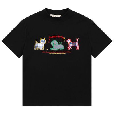 美式复古卡通刺绣小高领正肩短袖