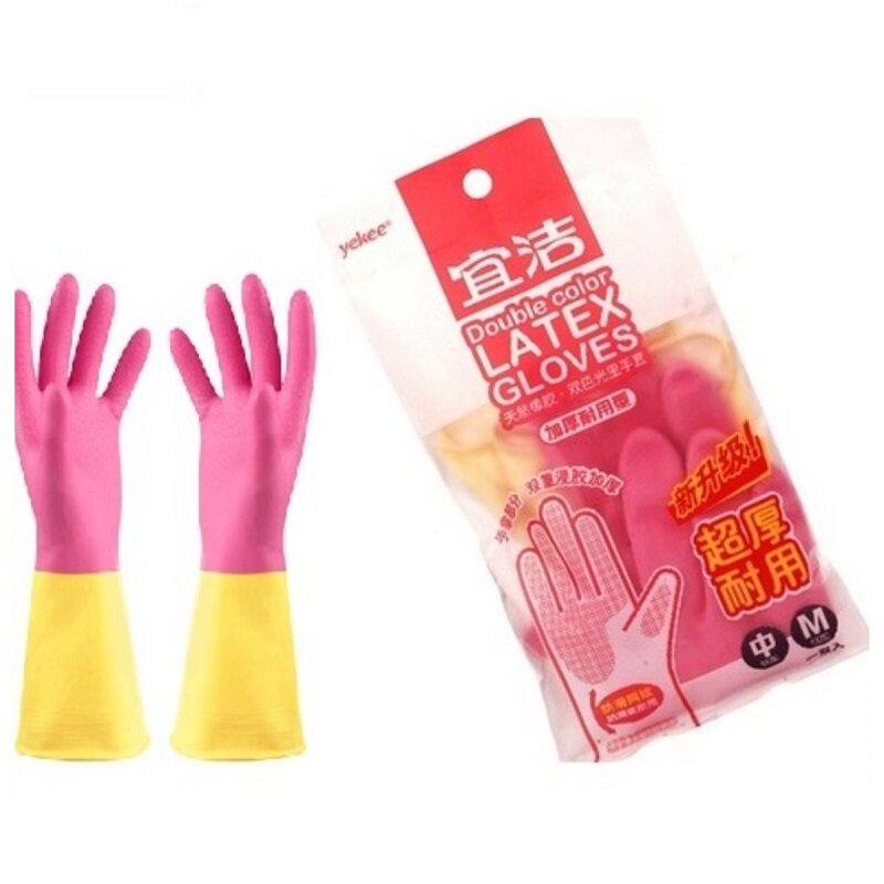 宜洁双色绒里乳胶手套加厚耐用型橡胶手套超厚清洁防滑防水保温