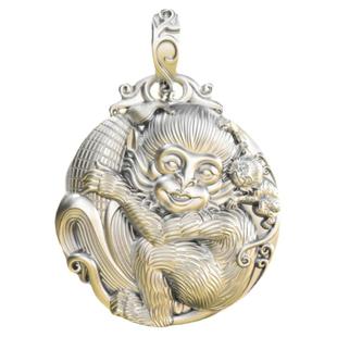 实心加厚纯银生肖猴吊坠项链男女足银霸气申猴圆银牌挂坠本命佛