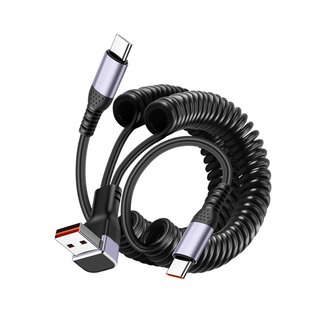 66W弹簧一分二弯头typec弹簧伸缩车载数据线适用苹果15/16华为typec快充防冻便携一拖二充电线