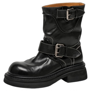 BeauToday厚底短靴女春秋BT真皮骑士靴黑色英伦风机车靴子时装靴
