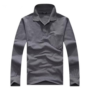 春秋款男装长袖T恤翻领纯色上衣真口袋棉衣服男士休闲宽松polo衫