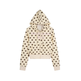 F383 美式复古字母印花波点连帽开衫卫衣女短款宽松休闲百搭外套