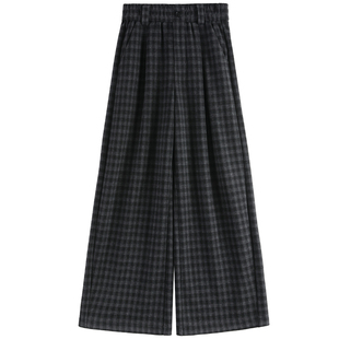 桑蚕丝羊毛复古格纹裤女秋冬款加绒加厚高腰毛呢弯刀西装阔腿裤子