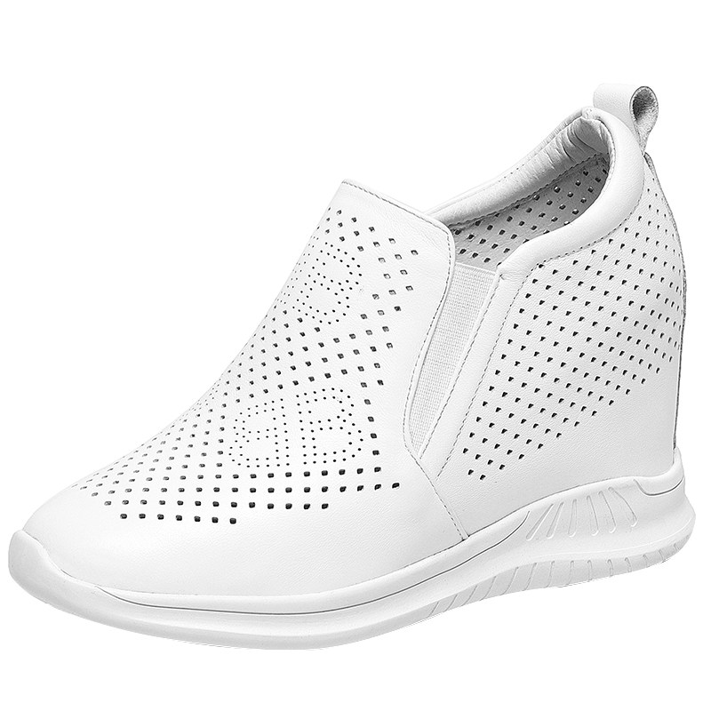 北西迪春夏镂空内增高女鞋真皮百搭厚底坡跟休闲旅游一脚蹬小白鞋