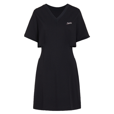 FIVE PLUS连衣裙女短袖V领小黑裙子露腰设计感条纹女春夏