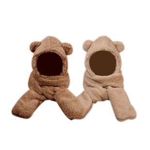 秋冬季韩版小熊帽子围巾一体女生可爱保暖冬天毛绒围脖套头护耳朵