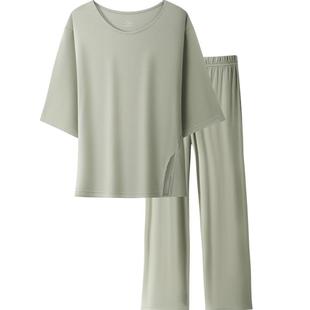 七分袖睡衣女款夏季铜氨丝开叉中袖长裤薄款夏天可外穿家居服套装