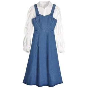 复古温柔风长袖衬衫套装女2025春秋新款设计感小众牛仔背带连衣裙