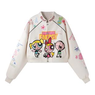 【飞天小女警联名】BJHG不计后果短款皮衣外套女春印花棒球服夹克