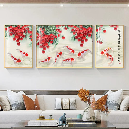鸿运当头挂画客厅沙发背景三联画现代轻奢黄金满地装饰画枫叶壁画