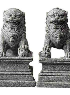 石头石雕狮子青砂石鱼缸造景摆件