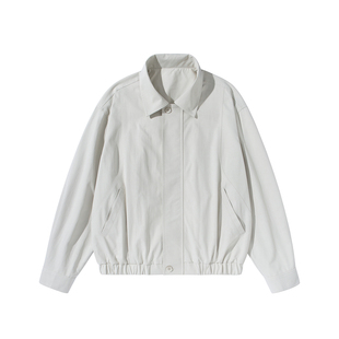 米白色短款翻领夹克春季男款日系复古宽松休闲长袖外套2026新款