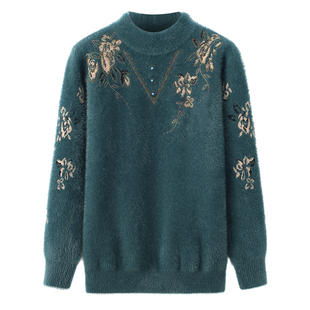 妈妈装半高领仿貂毛花朵冬季毛衣中老年女装宽松型套头针织打底衫