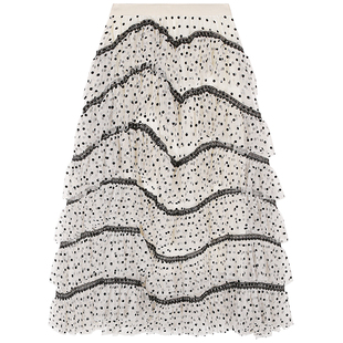 今屿花花 半身裙女2025新款早秋设计感蛋糕裙白色波点半裙小个子