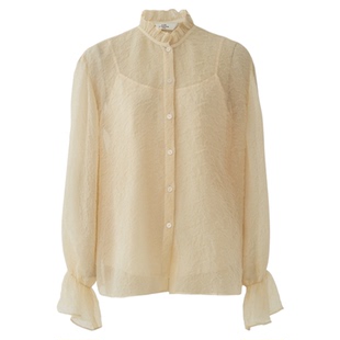 AUM噢姆秋季衬衫淡黄色绣花半高领桑蚕丝衬衣女