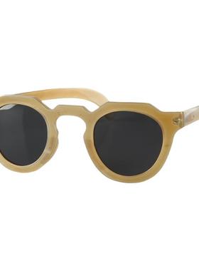 法式经典拱形鼻梁圆形透明果冻蜜糖色印度牛羊角框架墨镜太阳眼镜