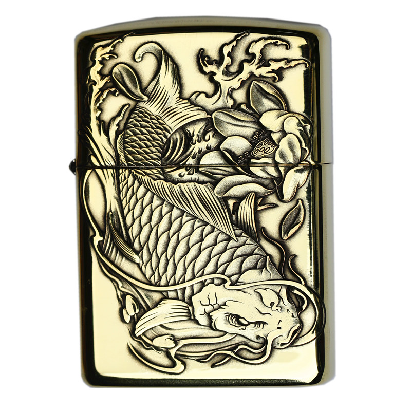 zippo火机铜盔甲蚊版富贵鱼浮雕