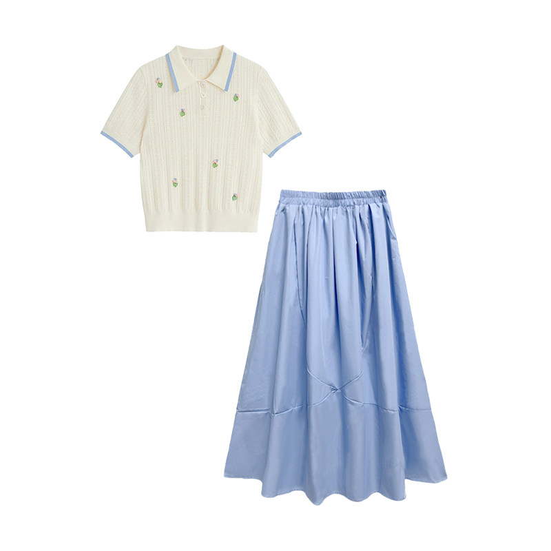 夏季POLO领针织高腰裙女两件套