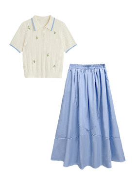 夏季POLO领针织高腰裙女两件套