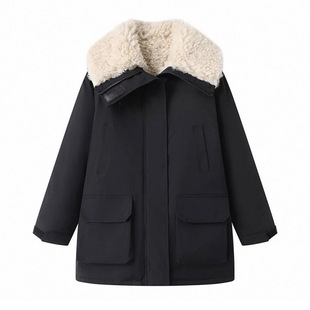 赵露思同款黑色羊羔绒毛领派克服女加厚保暖大翻领外套户外冲锋衣