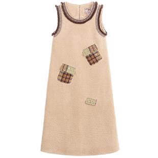 KEIKO 重工花边织带饰驼色毛呢背心裙26早春搭配大衣无袖连衣裙