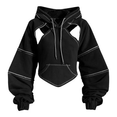 撞色明线短款连帽卫衣女