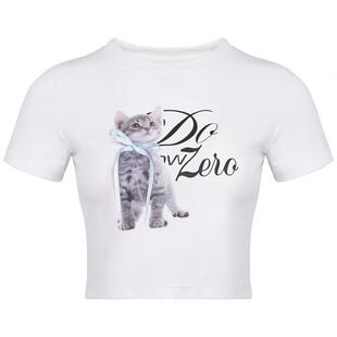 DKZ 猫咪印花白色短袖t恤女生2023年短款abg辣妹漂亮上衣