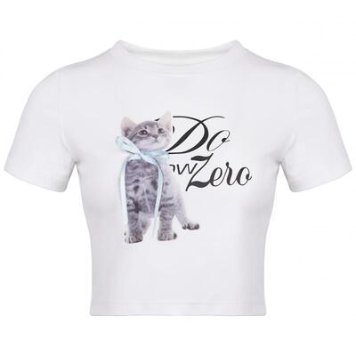 DKZ 猫咪印花白色短袖t恤女生2023年短款abg辣妹漂亮上衣