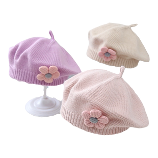 宝宝帽子秋冬季女婴儿可爱花朵贝雷帽儿童毛线帽女童针织画家帽潮