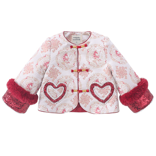 米米哈罗女童拜年服冬装2025新款儿童夹棉唐装外套女孩背心裙套装