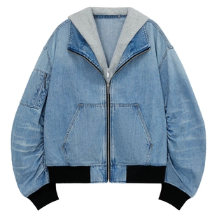 FF仿佛短外套女2026春季新款飞行员夹克牛仔外套假两件连帽外搭