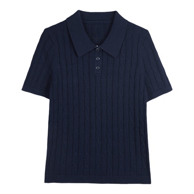 “时髦底色” 100新疆长绒棉 法式miu系绞花POLO领短款针织短袖